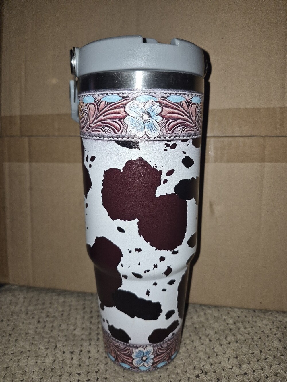 Insulated Cowhide Pattern Travel Tumbler with Floral Trim - White & Brown